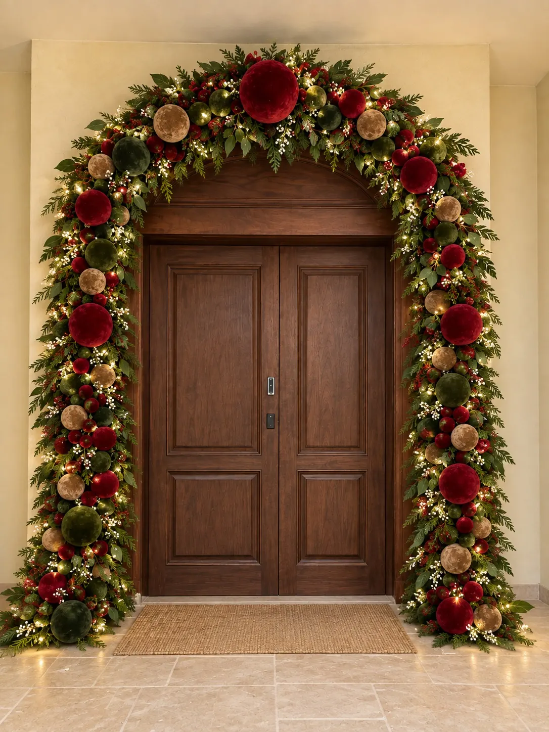 A full garland arch in velvet baubles framing a wooden front door