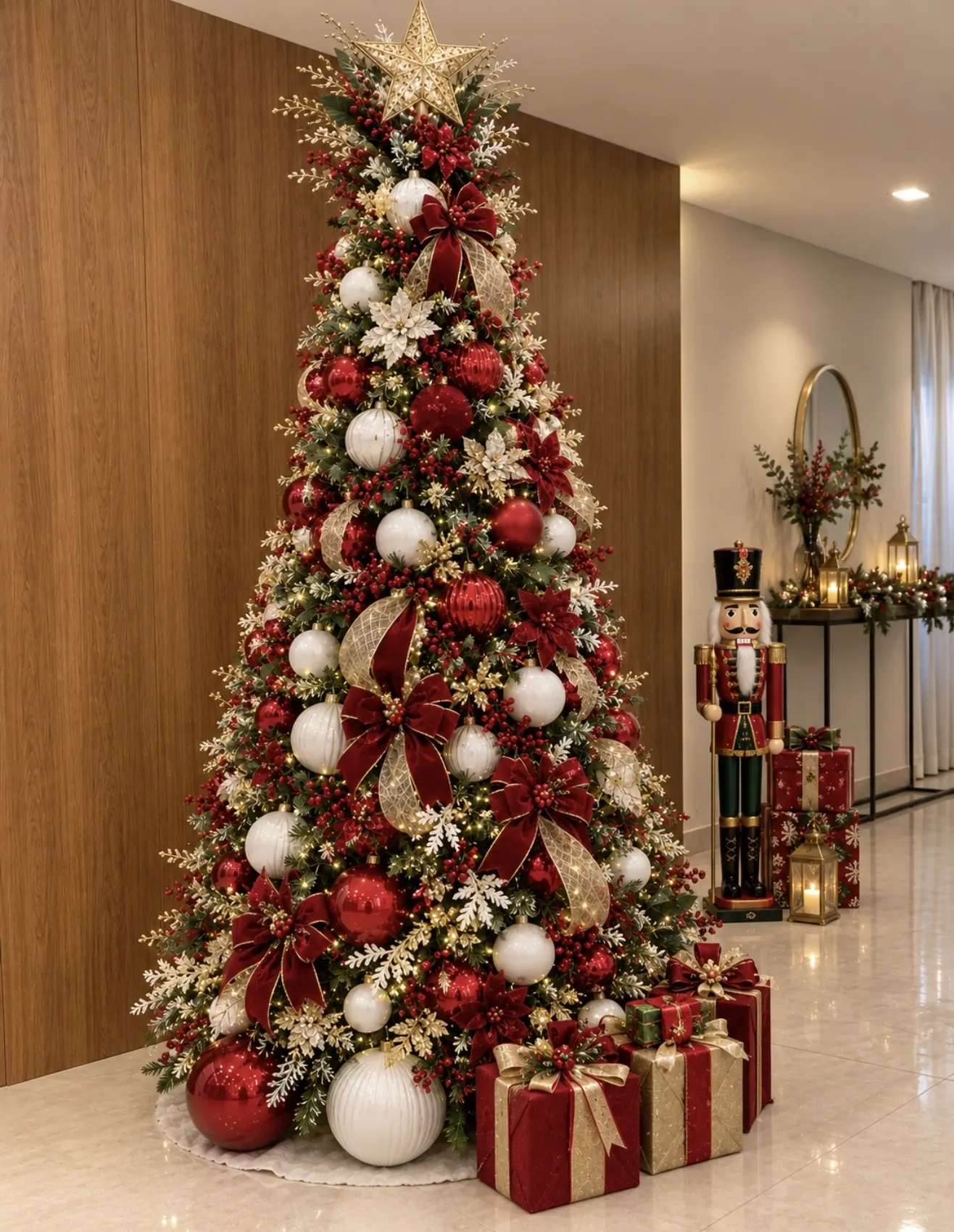 A tall red, white and gold Christmas tree with a nutcracker beside it