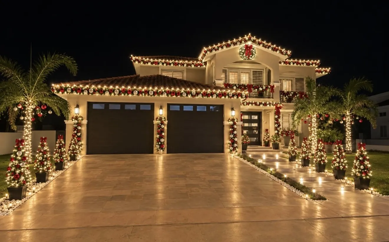A villa and its driveway outlined in warm white lights at night