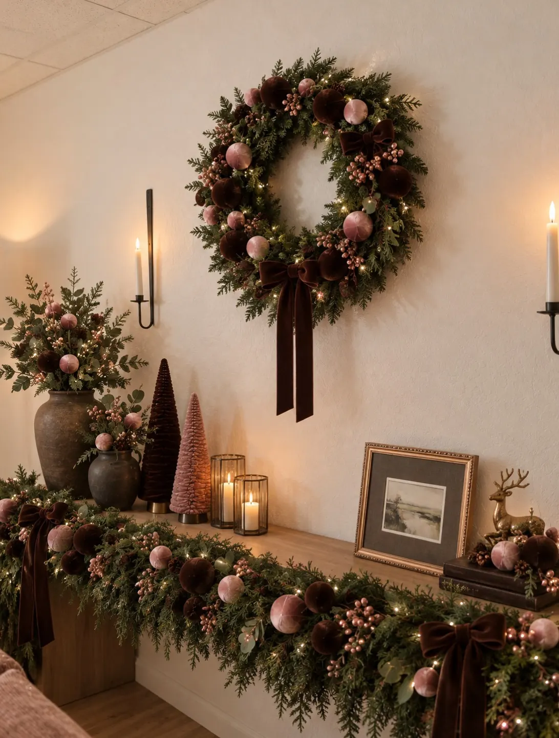 A wreath above a console dressed with a garland, velvet ribbon and candles